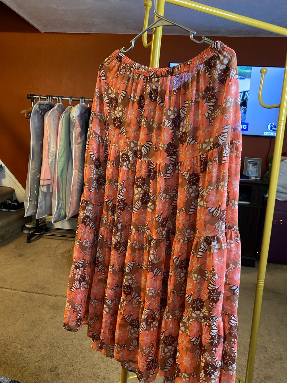 aerie Floral Tiered Midi Skirt in coral, white and Brown - Picture 5 of 6